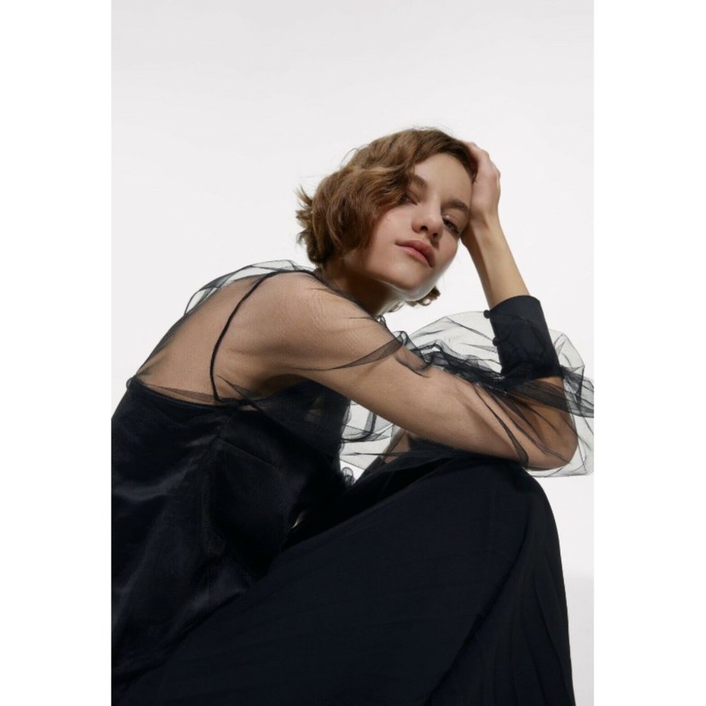 Zara Combined Tulle Blouse Semi-Sheer Long Sleeve - Picture 2 of 8